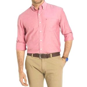 Izod Men's Long Sleeve Button Down Solid Oxford Dark Saltwater Red Size XL